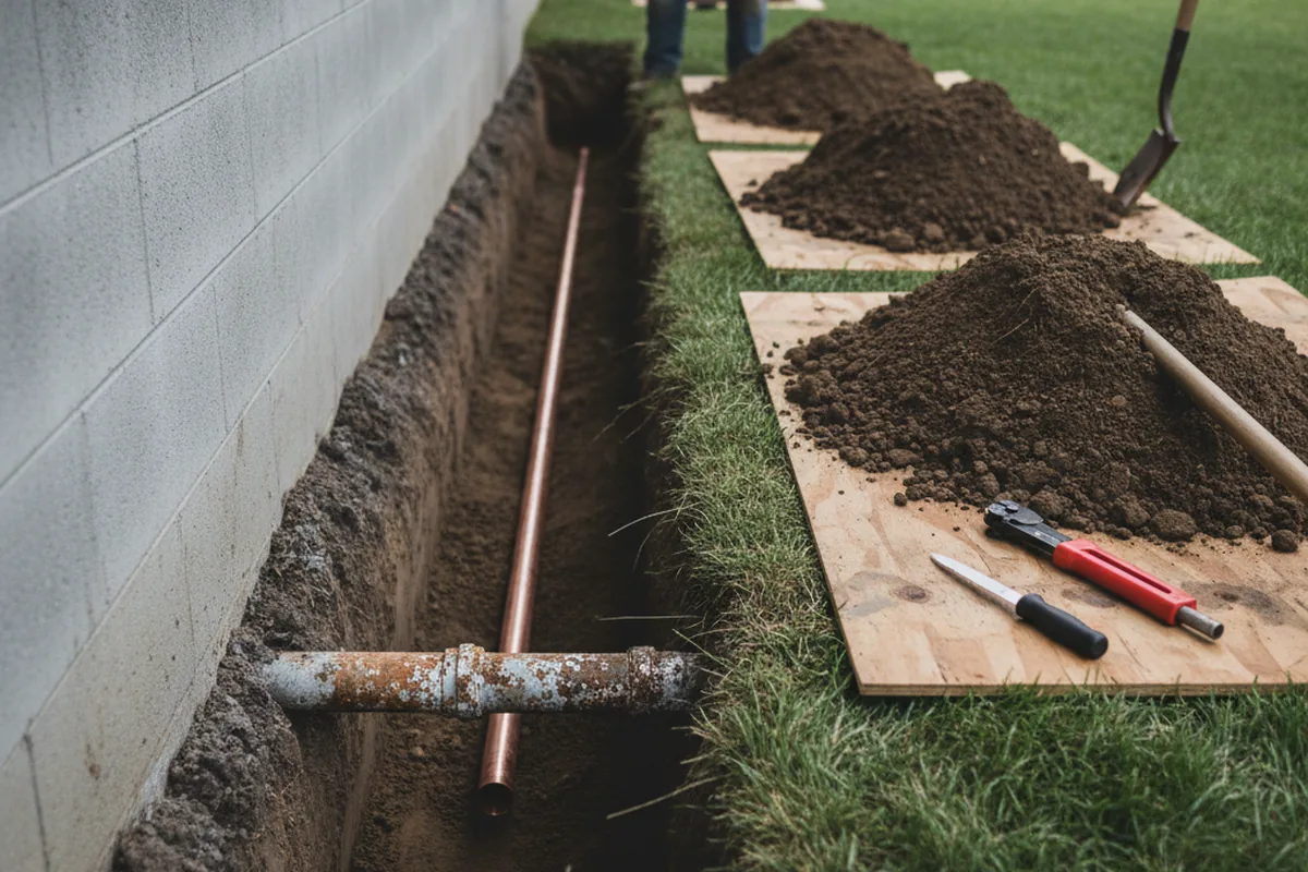 Excavated water line trench during Sewer Line Repair in Hopewell